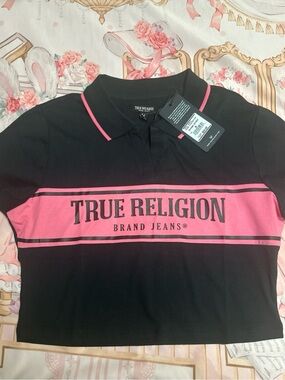 True Religion Black Polo with Pink Chest Stripe and Logo